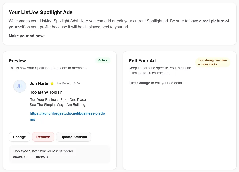 Active ListJoe Spotlight Ad promoting the LaunchForge Studio Business Platform