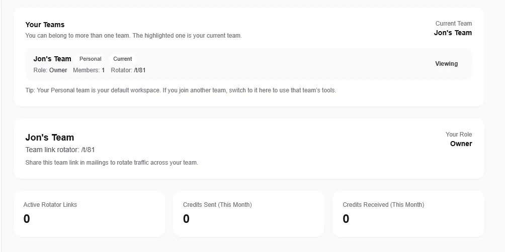 ListJoe Jon's Team dashboard showing owner role and team traffic rotator