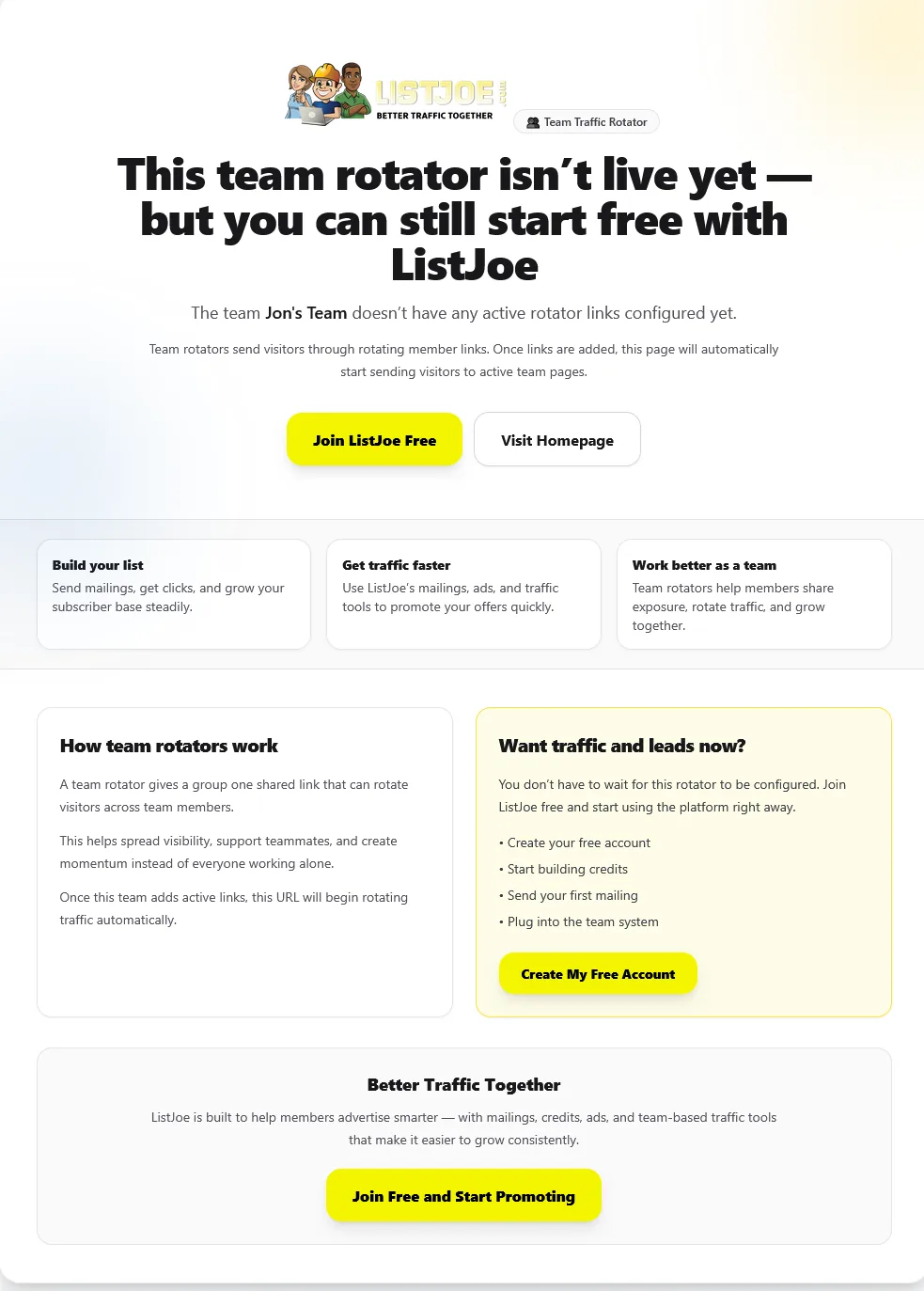 ListJoe Jon's Team traffic rotator showing no active rotator links yet