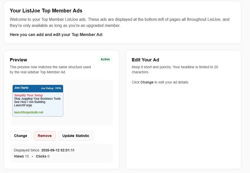 Active ListJoe Top Member Ad promoting LaunchForge Studio