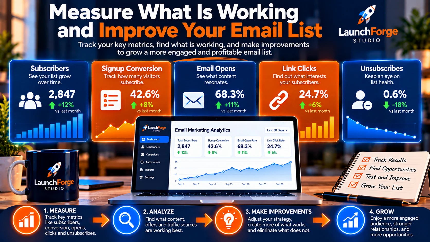Email list analytics showing subscribers, signup conversions, email opens, link clicks, and unsubscribes