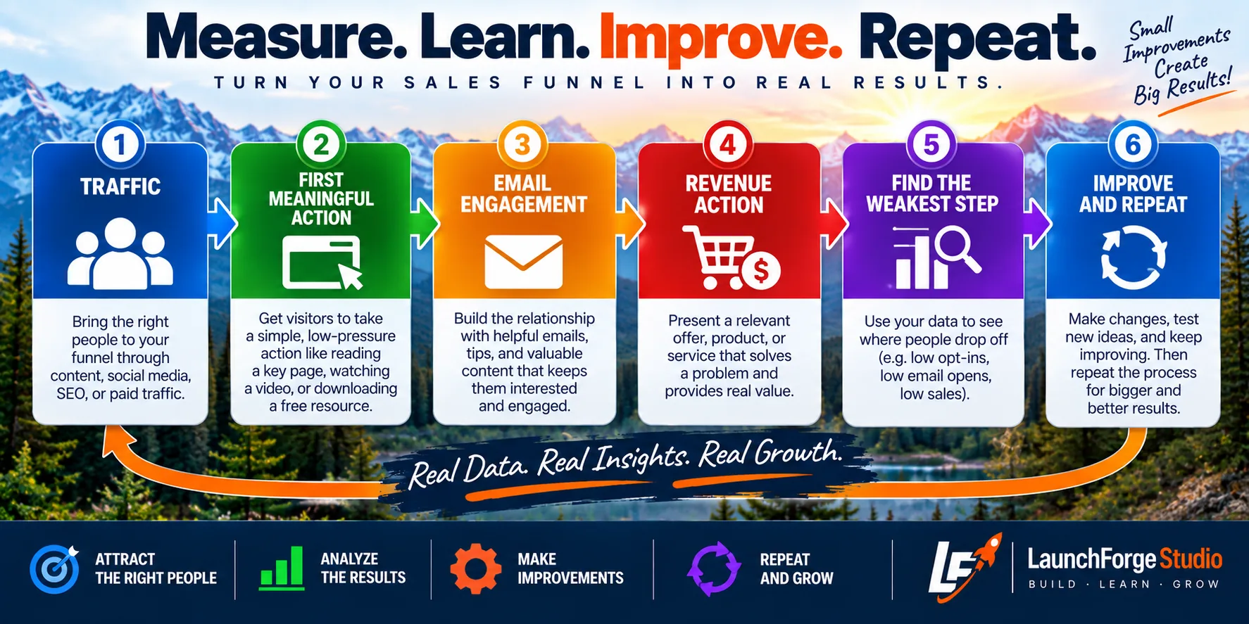 Sales funnel measurement process showing traffic, engagement, revenue, weak points, and continuous improvement