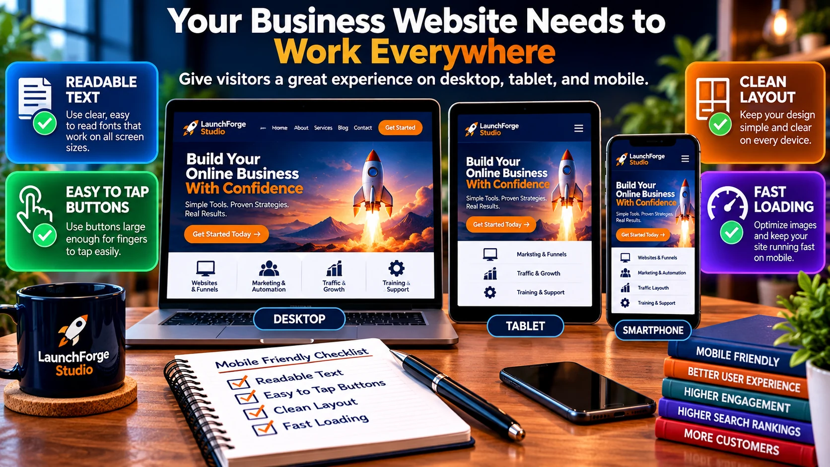 Mobile friendly business website with readable text, easy to tap buttons, clean layout, and fast loading