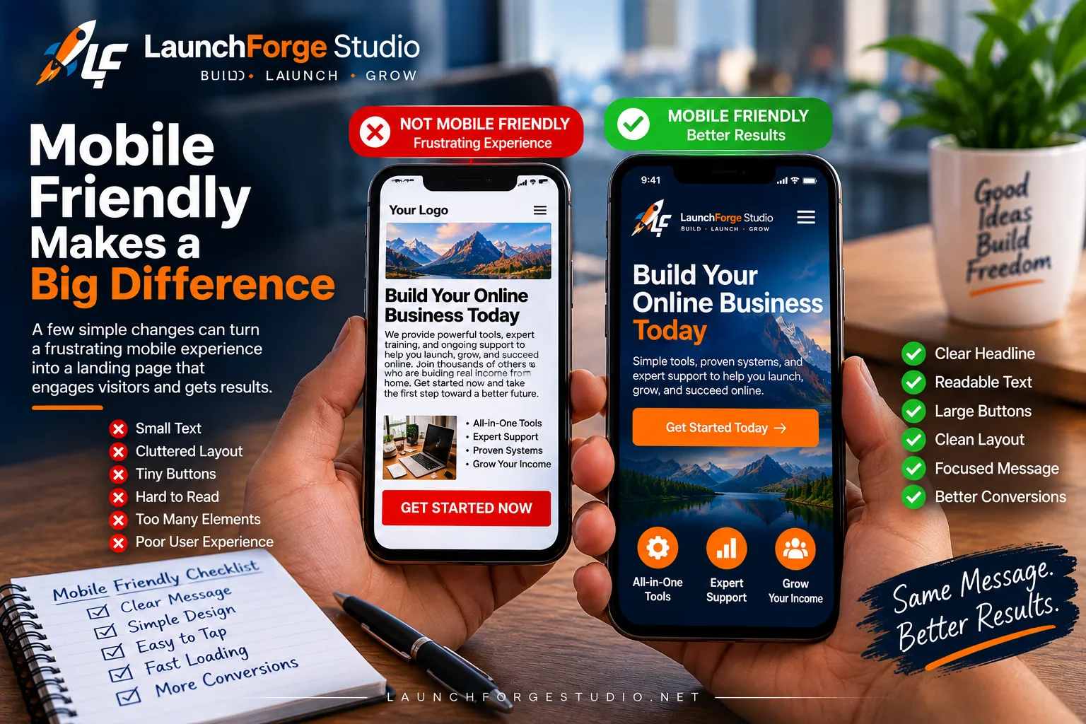 Mobile friendly landing page compared with a poor mobile layout
