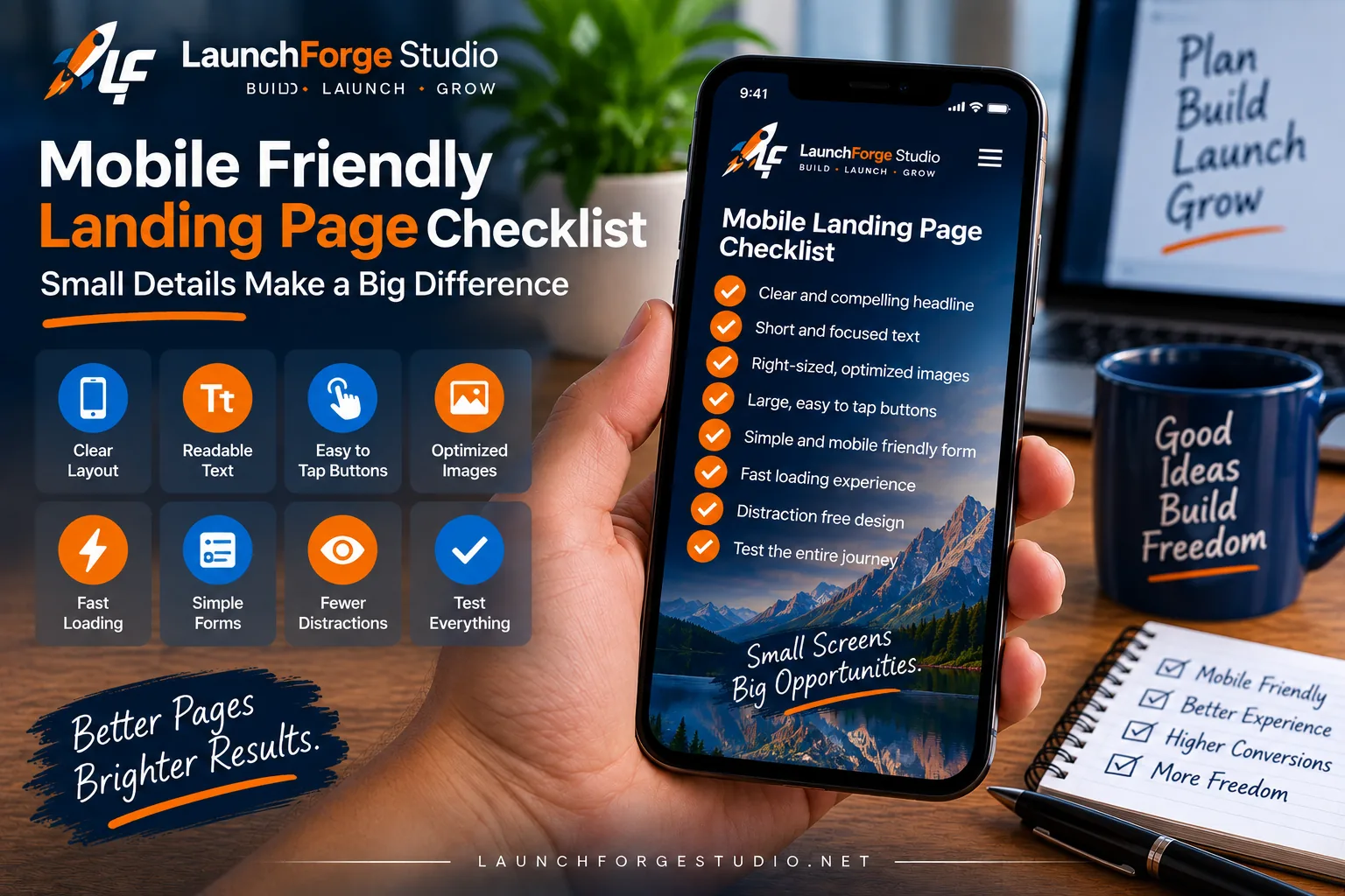 Mobile friendly landing page checklist on a smartphone