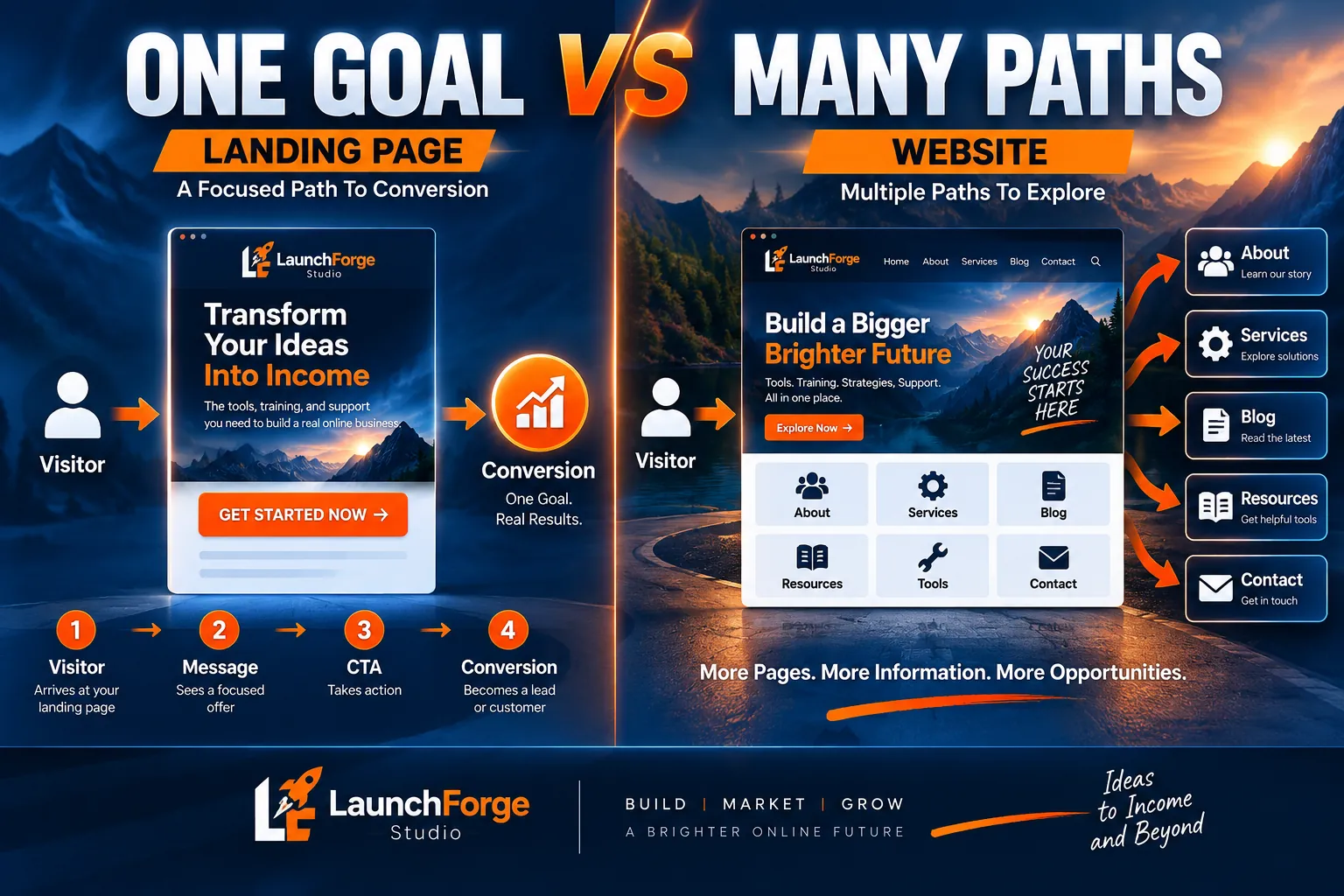 Landing page vs website infographic showing one focused conversion goal compared with multiple website paths