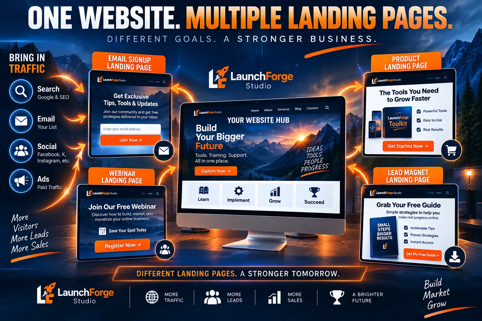 Website hub connected to multiple landing pages for email signups, webinars, products, and lead magnets