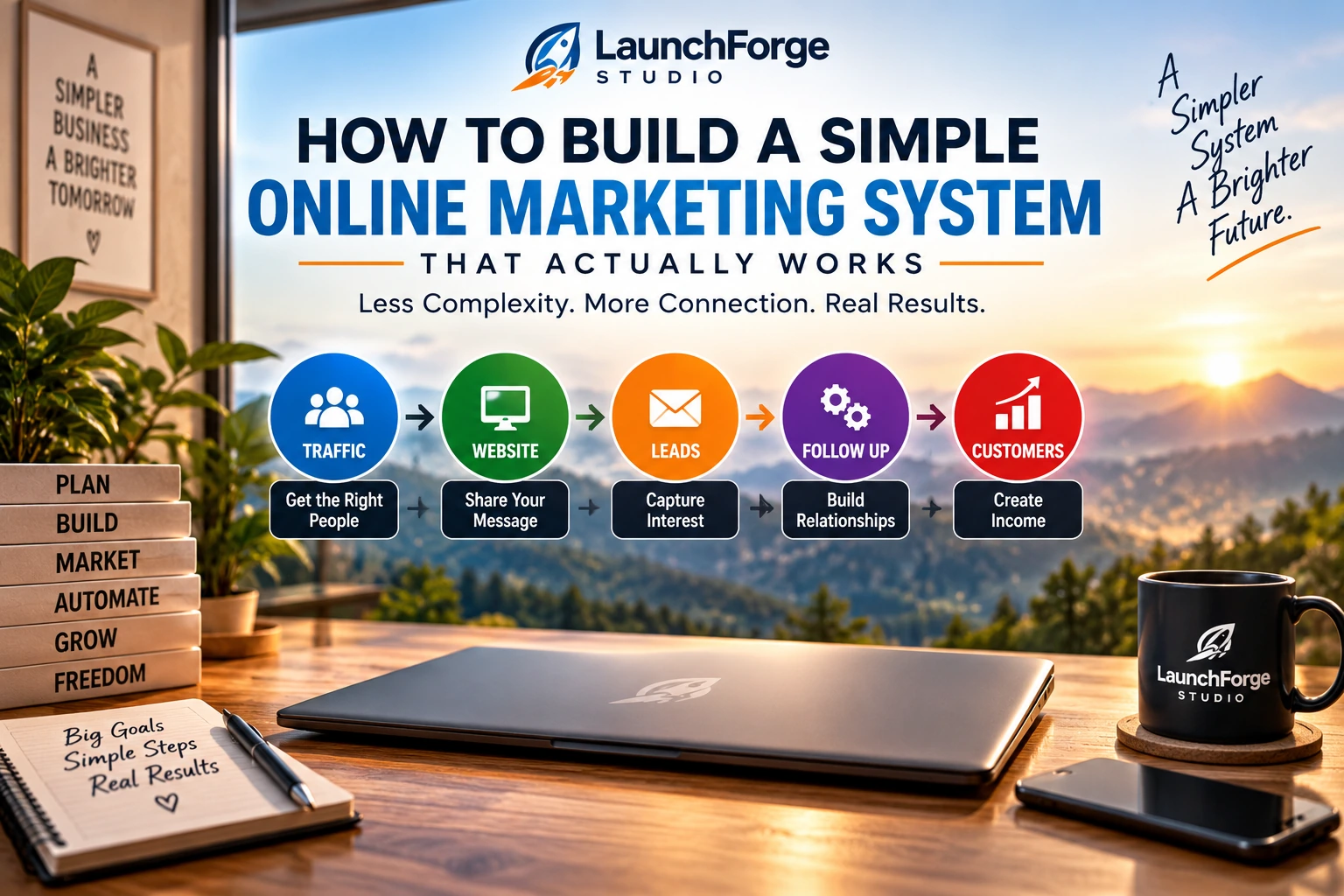 Simple online marketing system connecting traffic, website visitors, leads, follow up, and customers