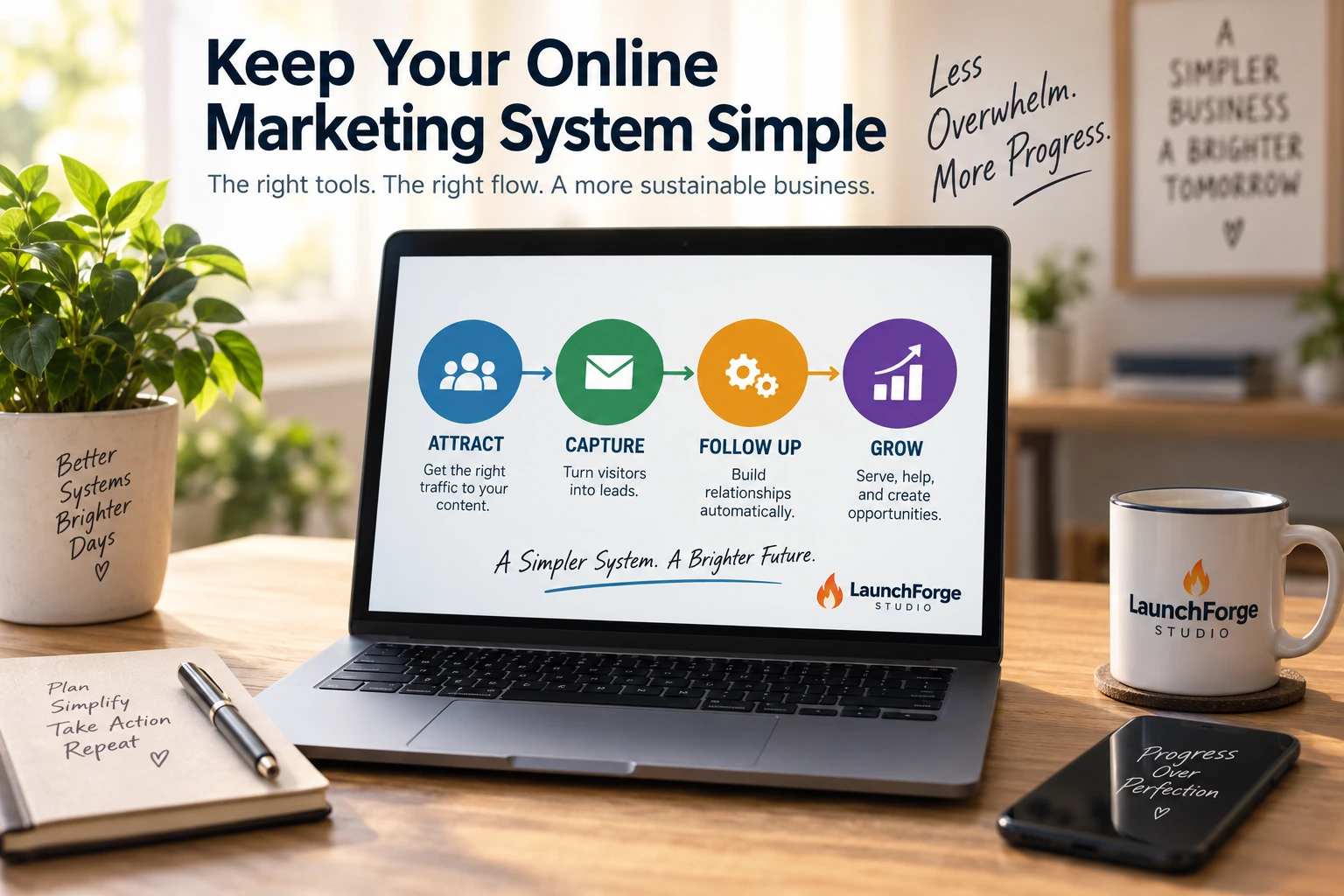 Simple online marketing system showing attract, capture, follow up, and grow