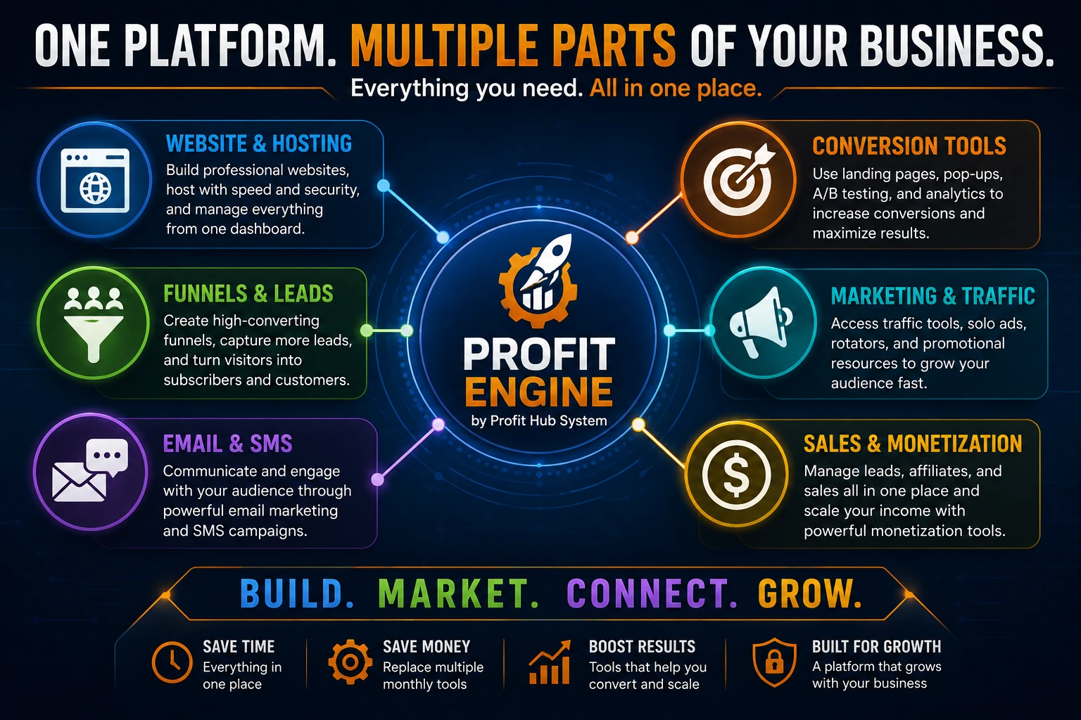 Profit Engine business platform connecting website hosting, funnels, leads, email, marketing, traffic, conversion and monetization tools