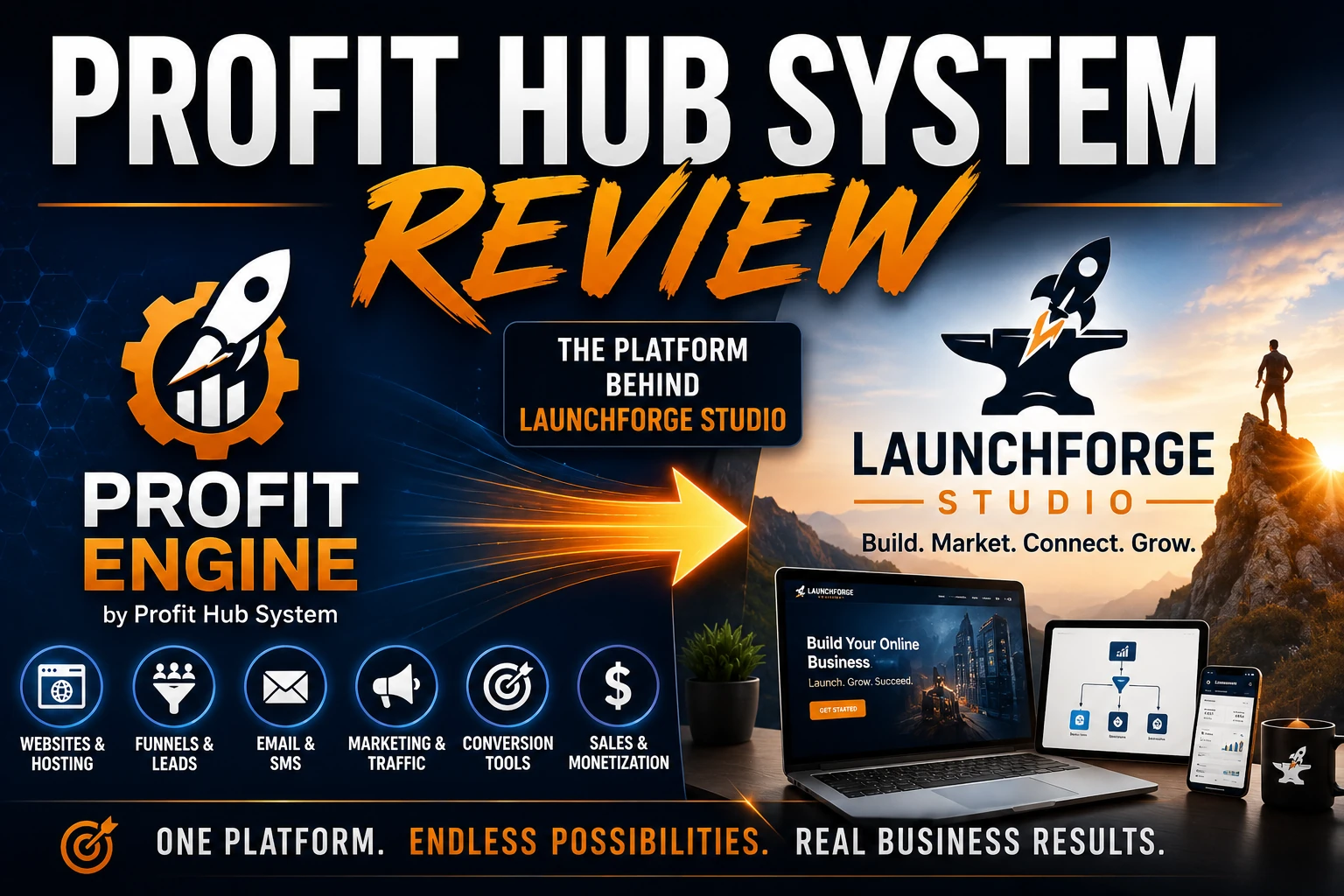 Profit Hub System review showing Profit Engine as the platform behind LaunchForge Studio
