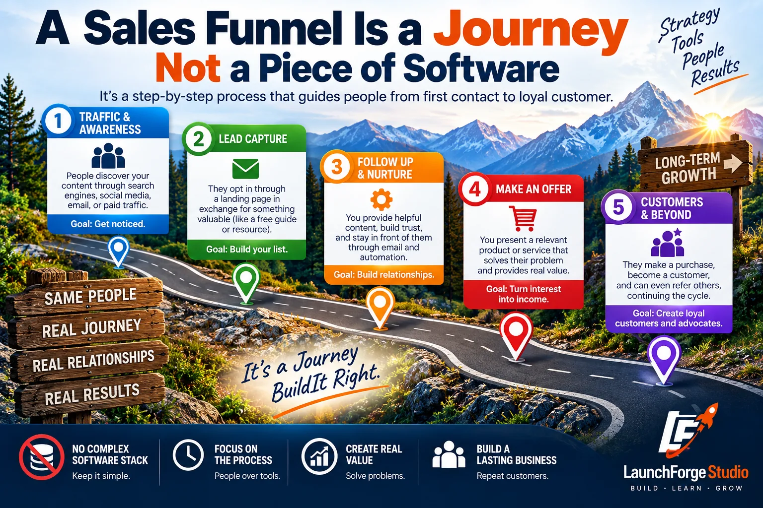 Sales funnel journey from traffic and lead capture through follow-up, offers, and customers