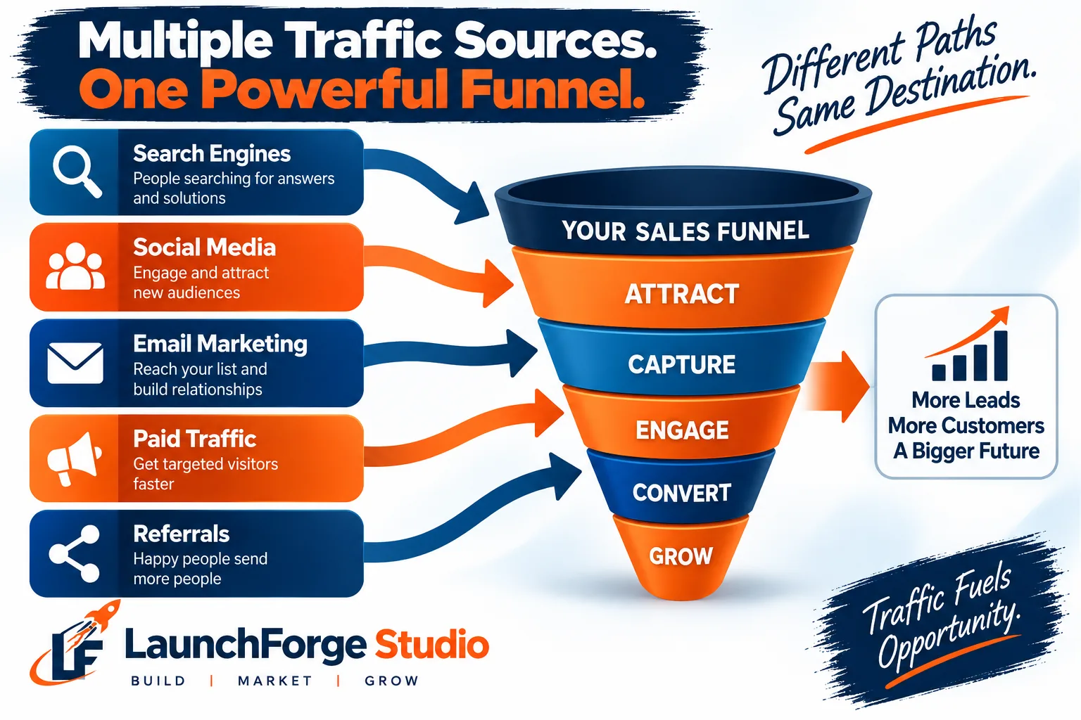 Traffic sources feeding into a simple sales funnel