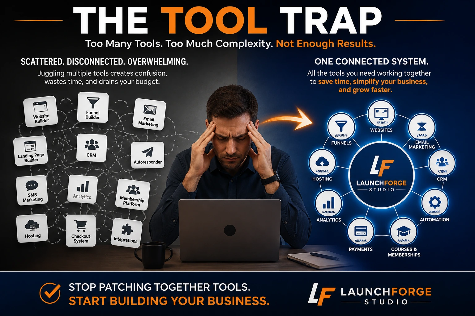The Tool Trap showing disconnected online business tools compared with one connected business system
