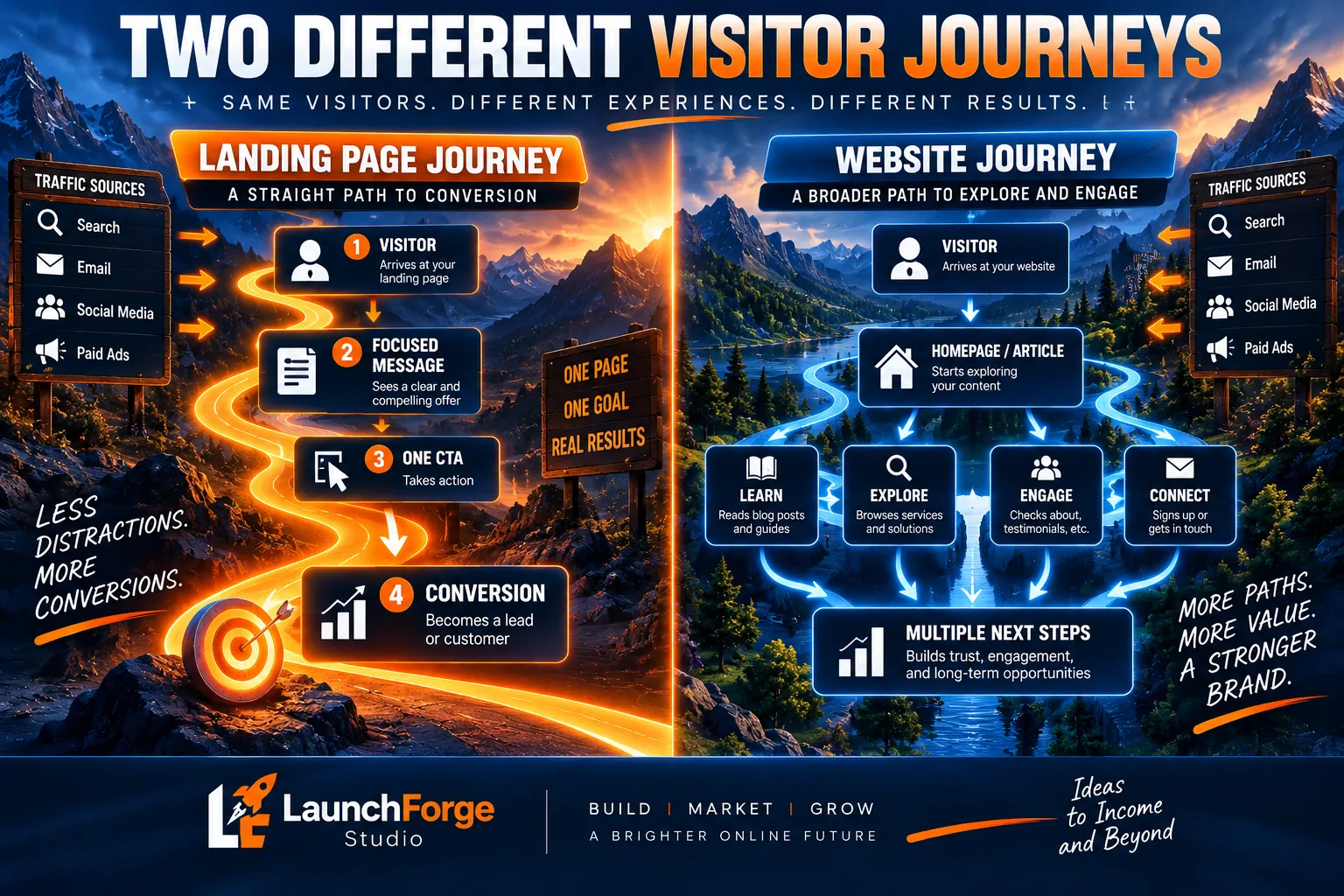 Landing page vs website visitor journey showing a focused conversion path compared with multiple website paths