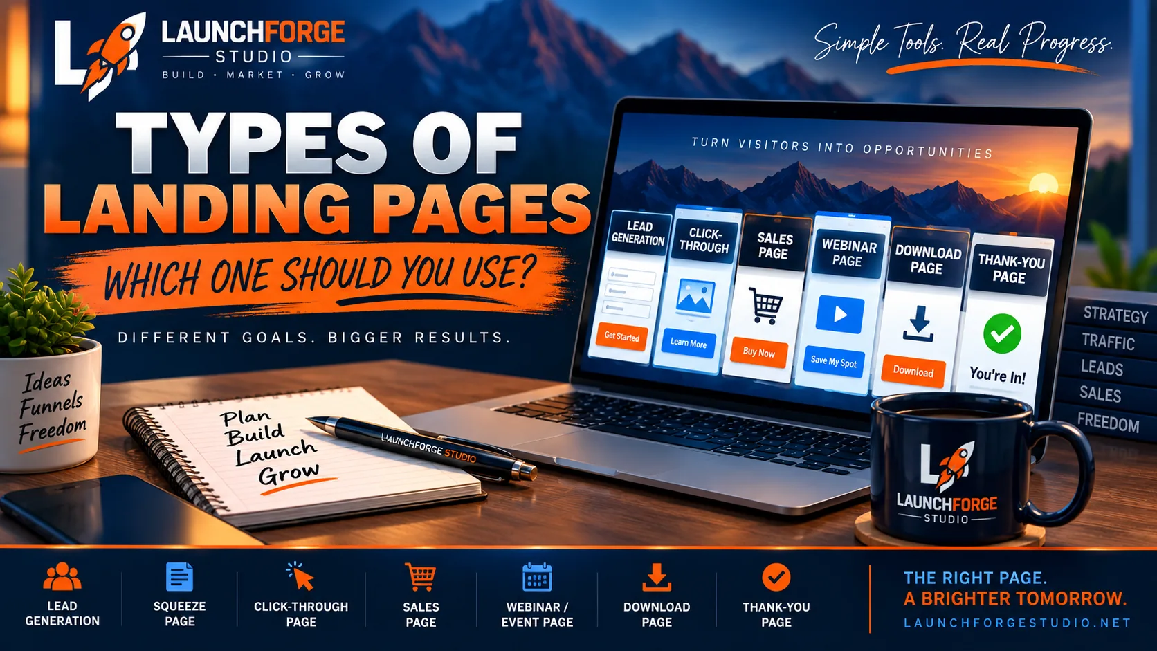 Types of landing pages showing different page options for lead generation, sales, webinars, downloads, and more