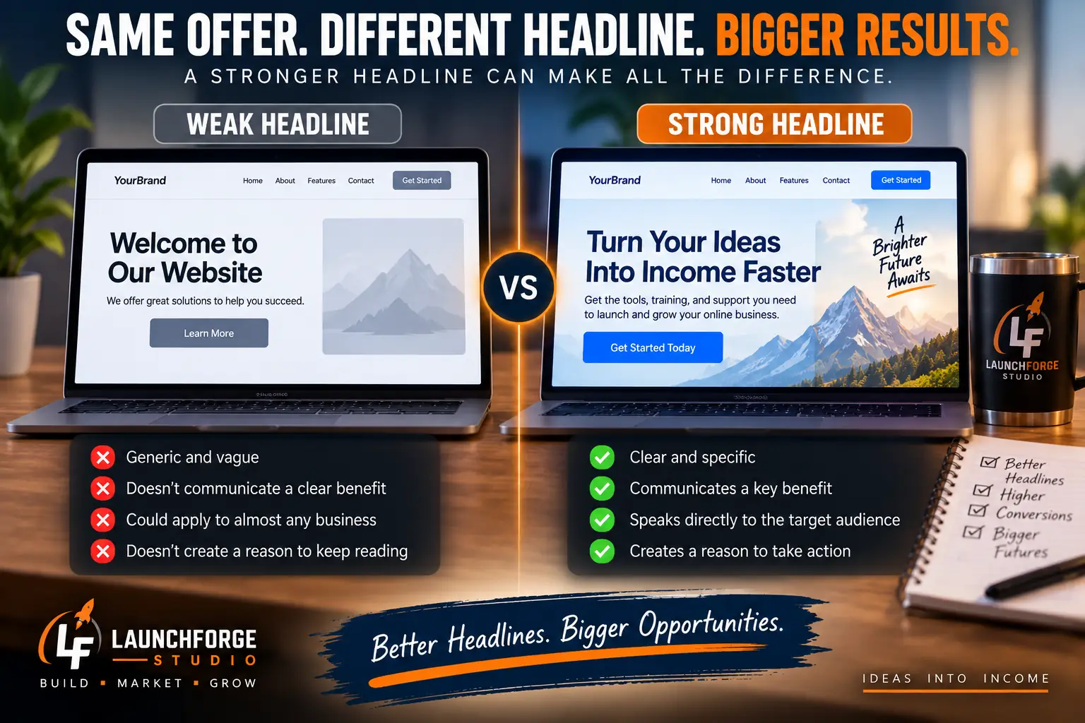 Weak vs strong landing page headline comparison showing clear benefit-focused messaging
