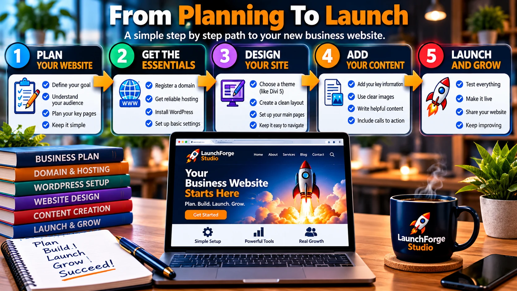 WordPress business website process from planning and setup through design, content, launch, and growth