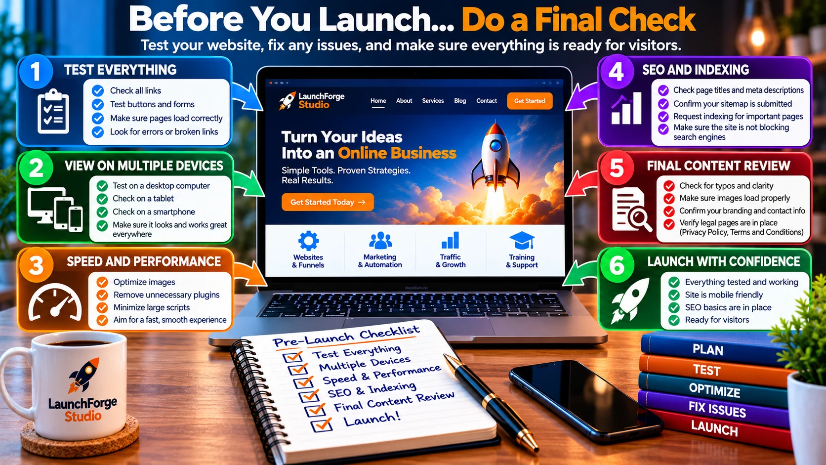 WordPress business website pre-launch checklist for testing links, mobile devices, speed, SEO, content, and indexing