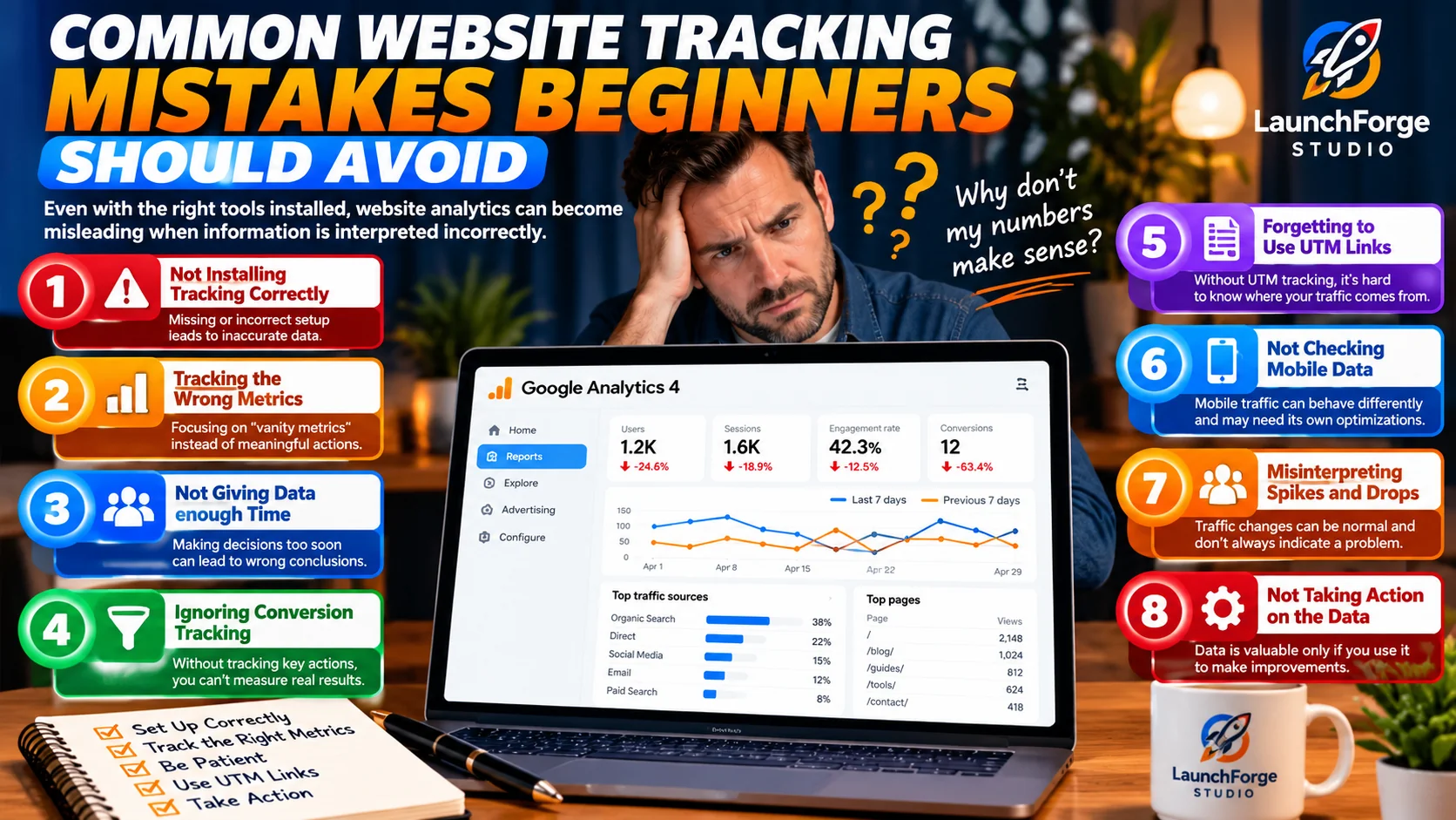 Eight common website tracking mistakes beginners should avoid, including incorrect analytics setup, tracking the wrong metrics, and ignoring conversions.