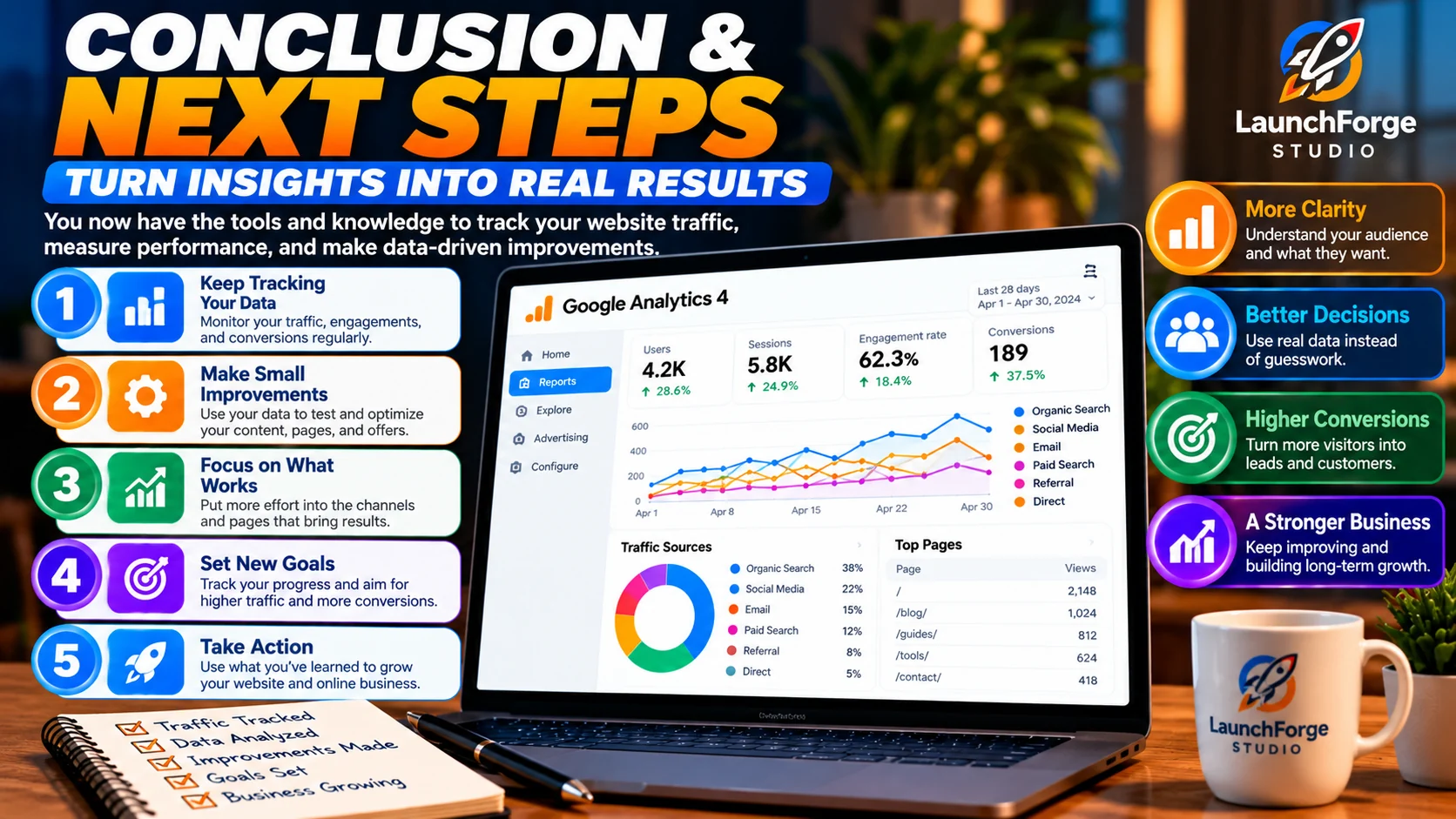 Website analytics action plan showing five steps for improving traffic, conversions, and business growth.