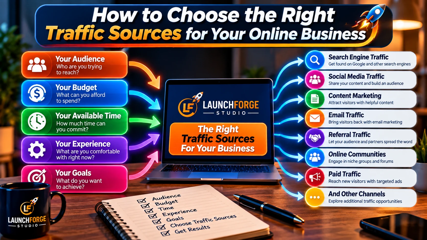 How to choose the right traffic sources for your online business based on your audience, budget, time, experience, and goals