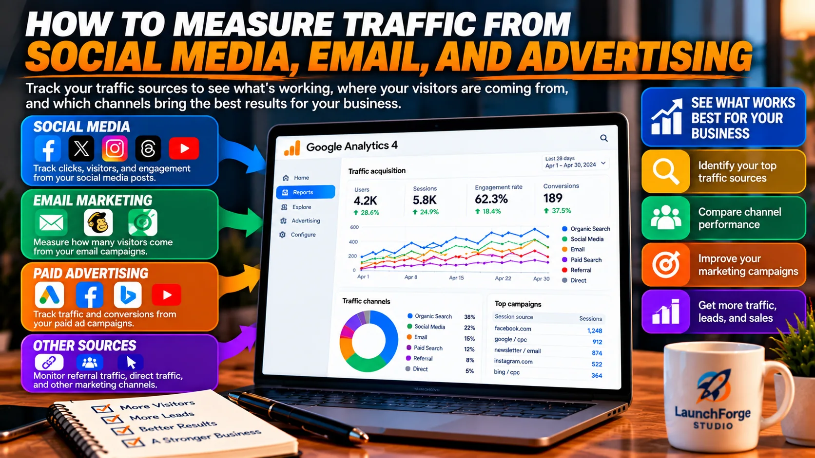 Infographic illustrating how to measure website traffic from social media, email marketing, paid advertising, and referral sources using Google Analytics 4.
