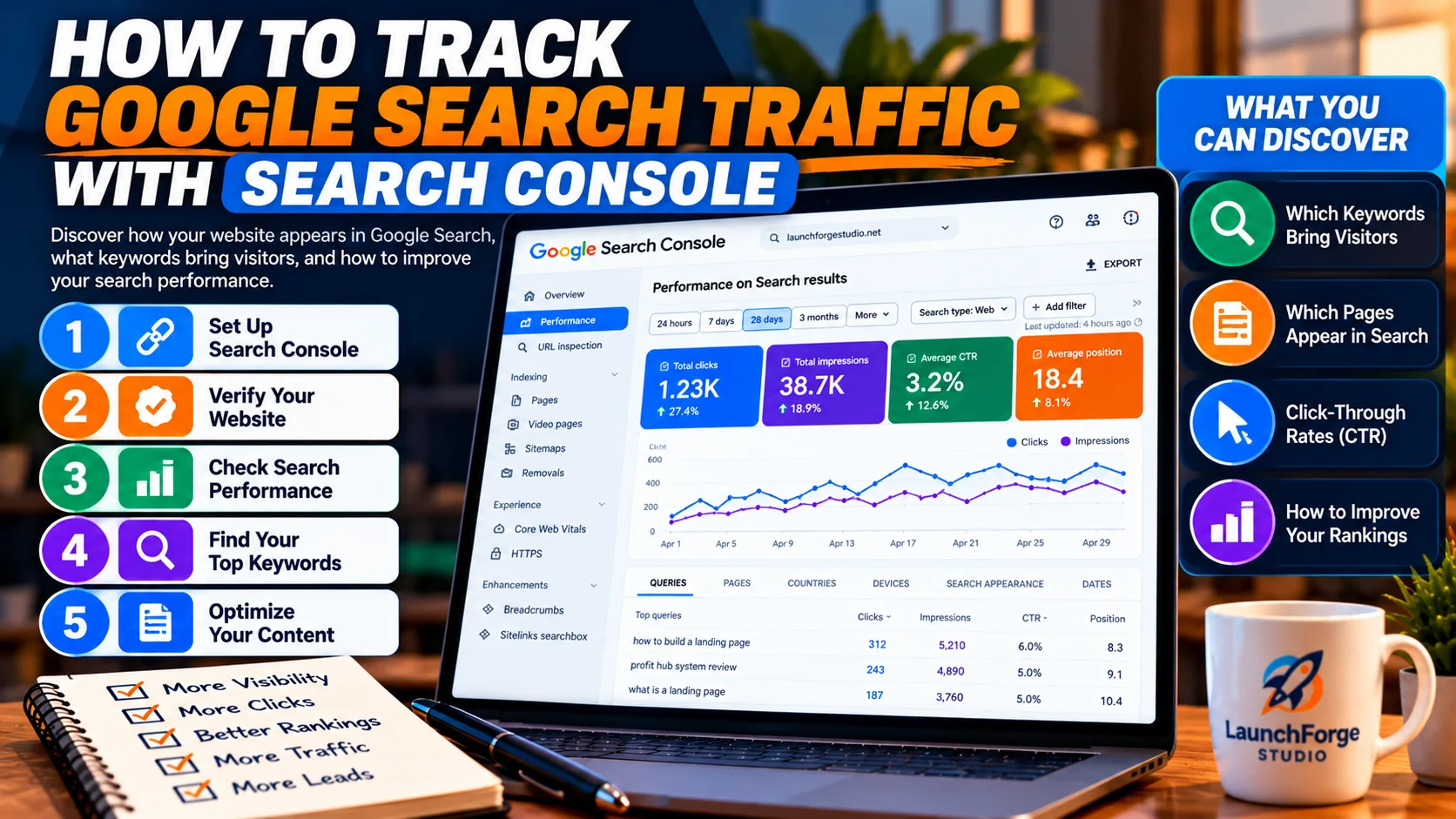 Google Search Console infographic showing how to track website clicks, impressions, search queries, click-through rates, and average search positions.