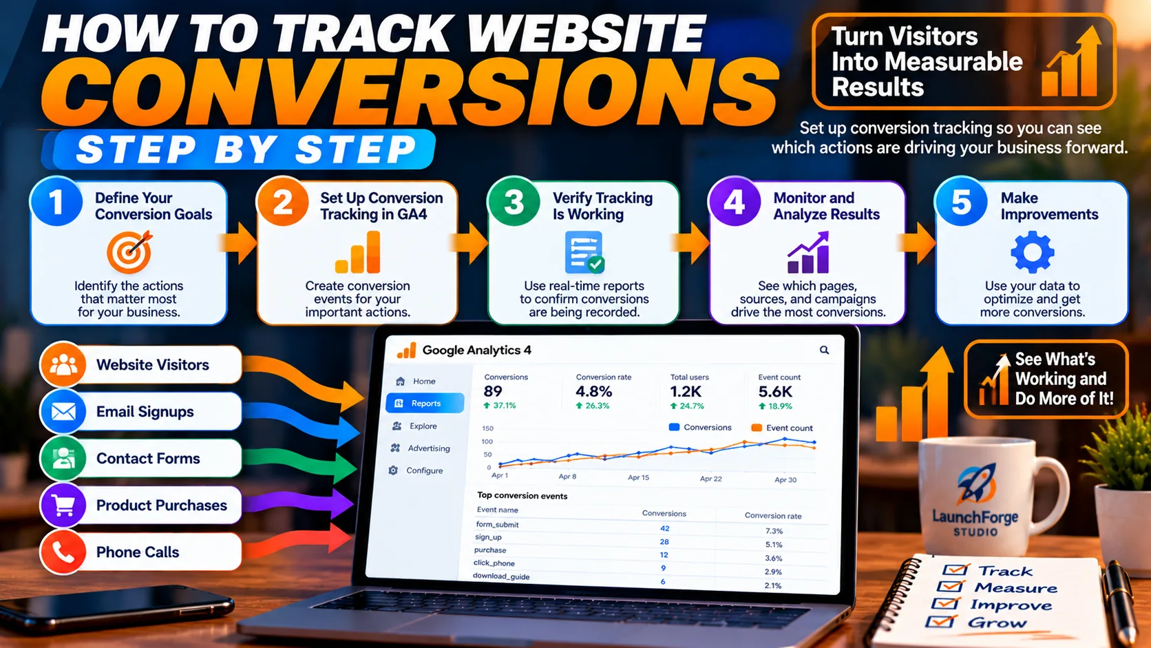 Infographic showing five steps to track website conversions using Google Analytics 4, including setting goals, tracking events, verifying data, and improving results.