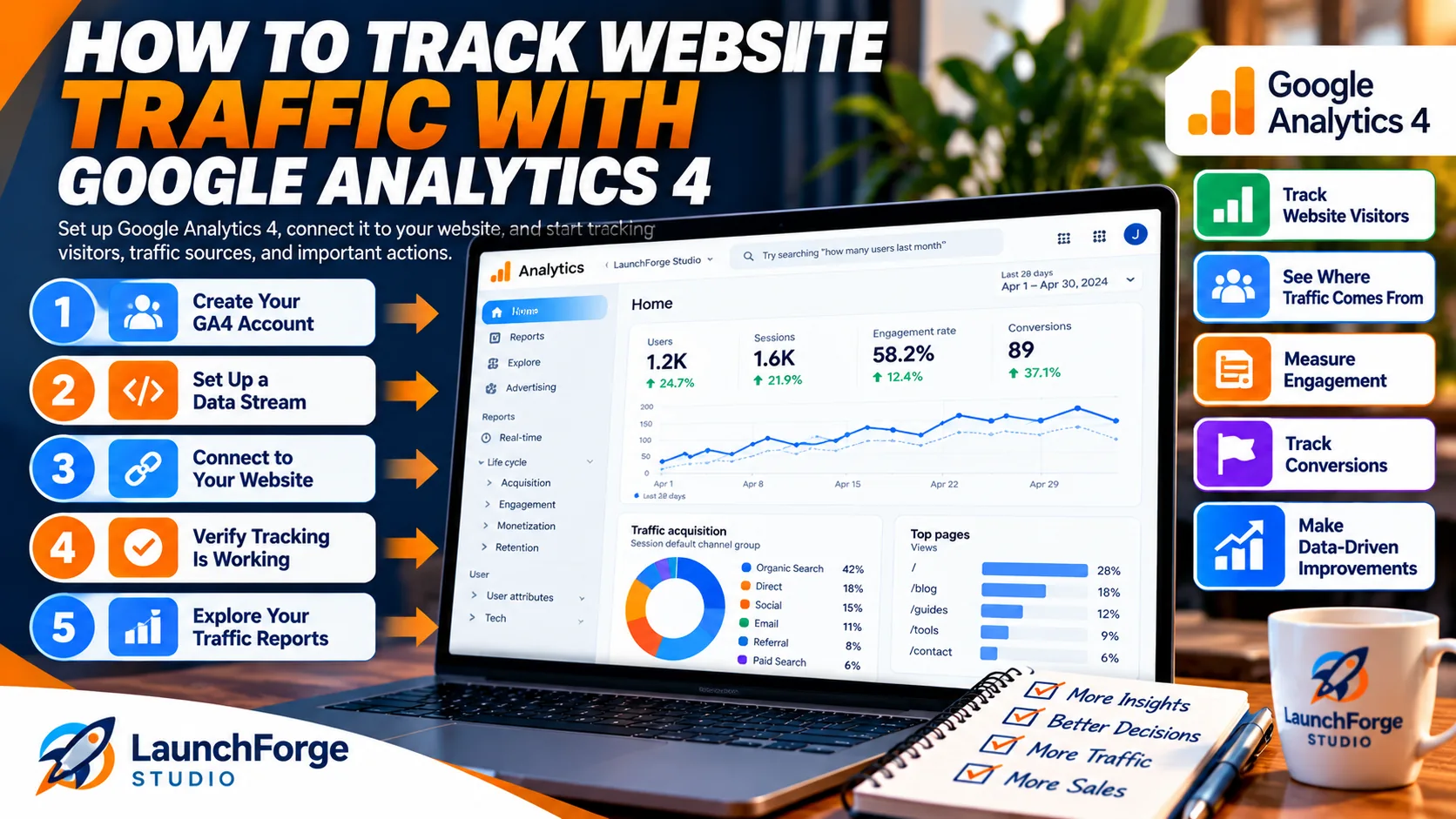 Google Analytics 4 website traffic tracking infographic showing account setup, data streams, website connection, verification, and traffic reports.