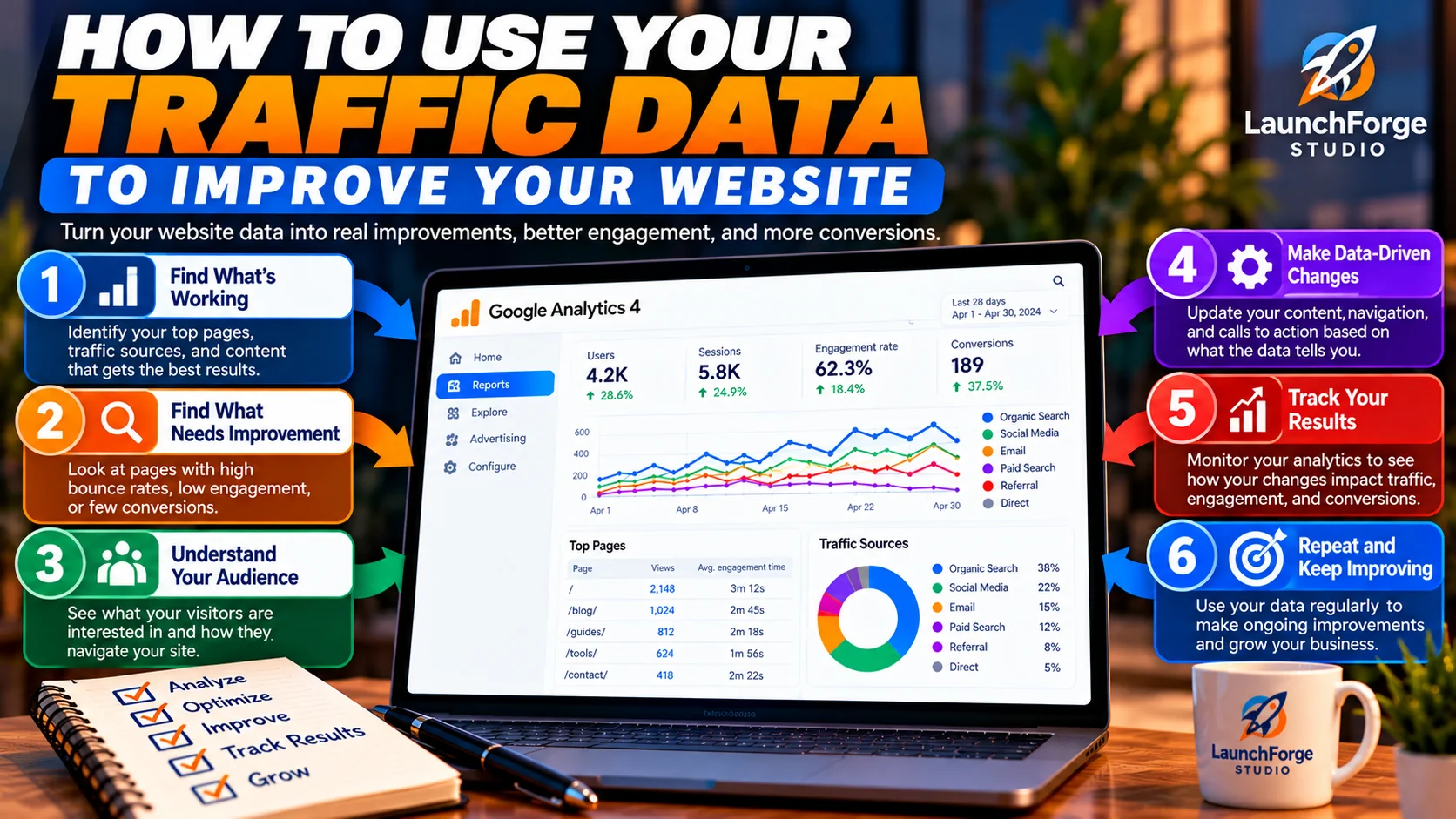 Infographic showing six ways to use website traffic data to improve engagement, identify underperforming pages, and increase conversions.