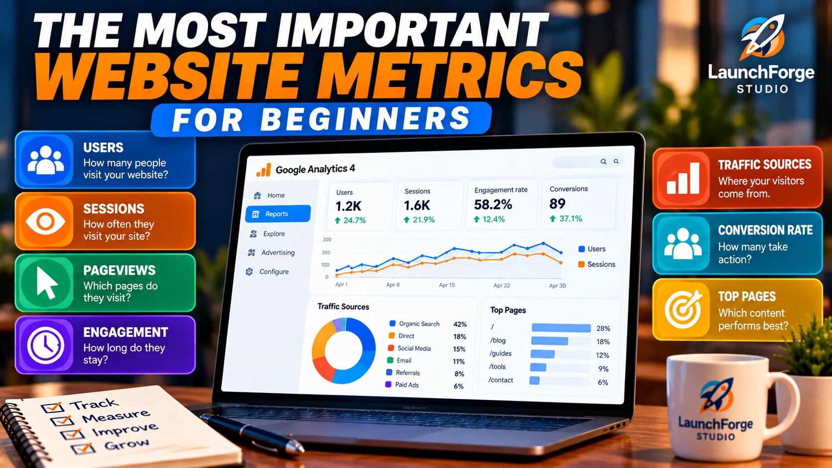 Website analytics dashboard illustrating important metrics for beginners, including users, sessions, pageviews, engagement, traffic sources, and conversions.