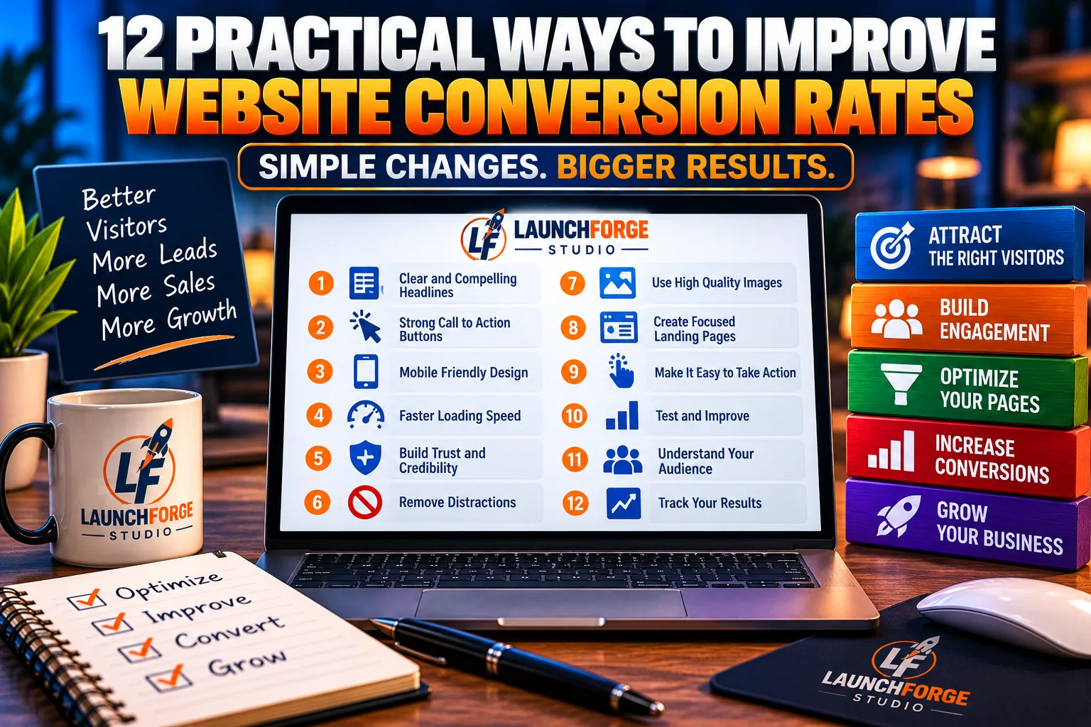 LaunchForge Studio infographic showing 12 website conversion optimization tips, including clear headlines, calls to action, mobile design, page speed, trust, testing, and tracking.