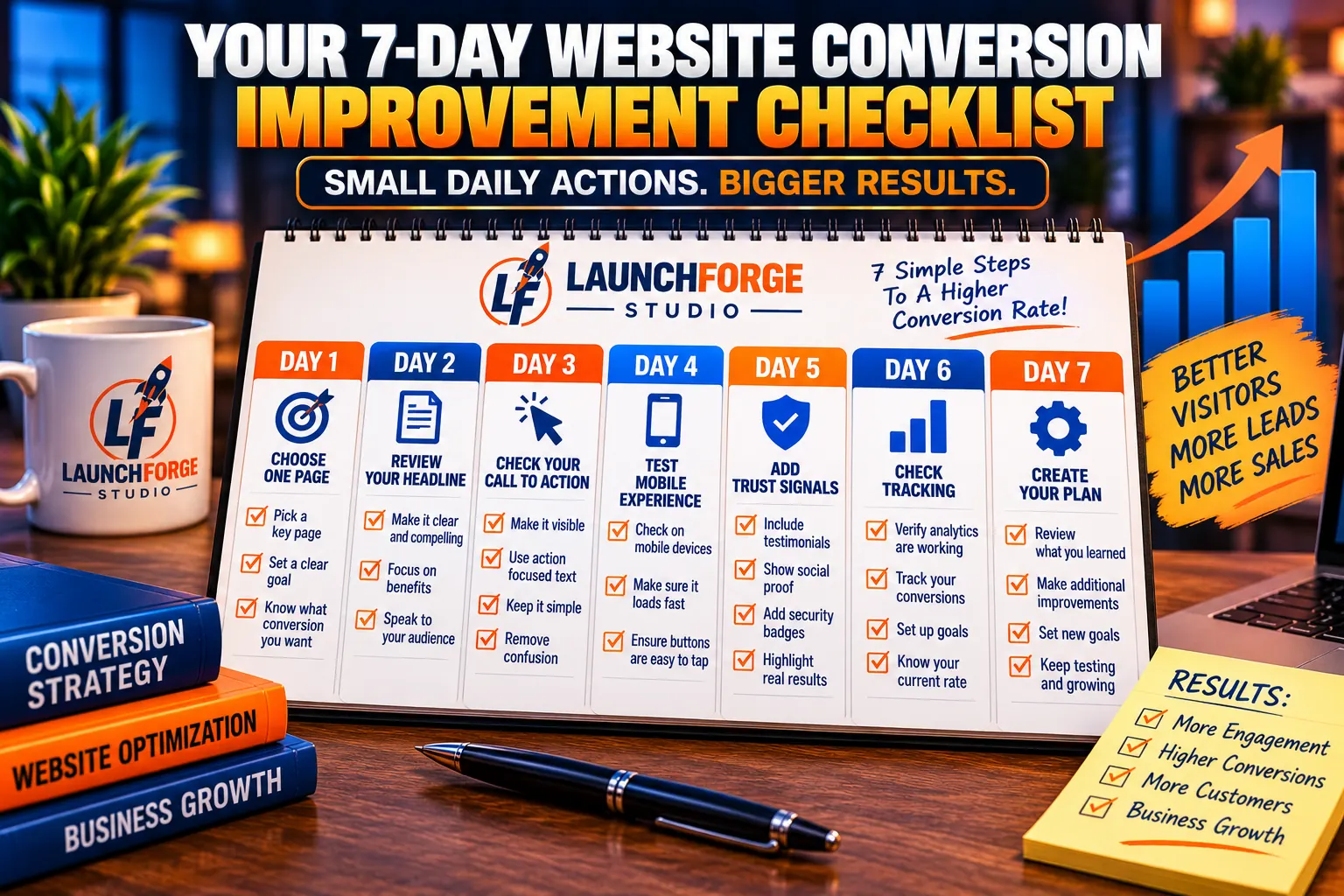 Seven-day website conversion improvement checklist covering page selection, headlines, calls to action, mobile experience, trust signals, conversion tracking, and planning.
