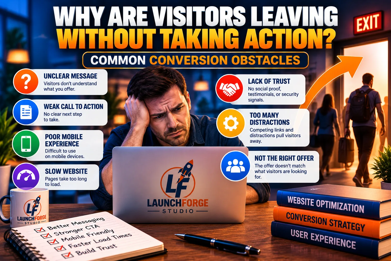 Common website conversion obstacles including unclear messaging, weak calls to action, poor mobile experience, slow loading, lack of trust, and distractions.