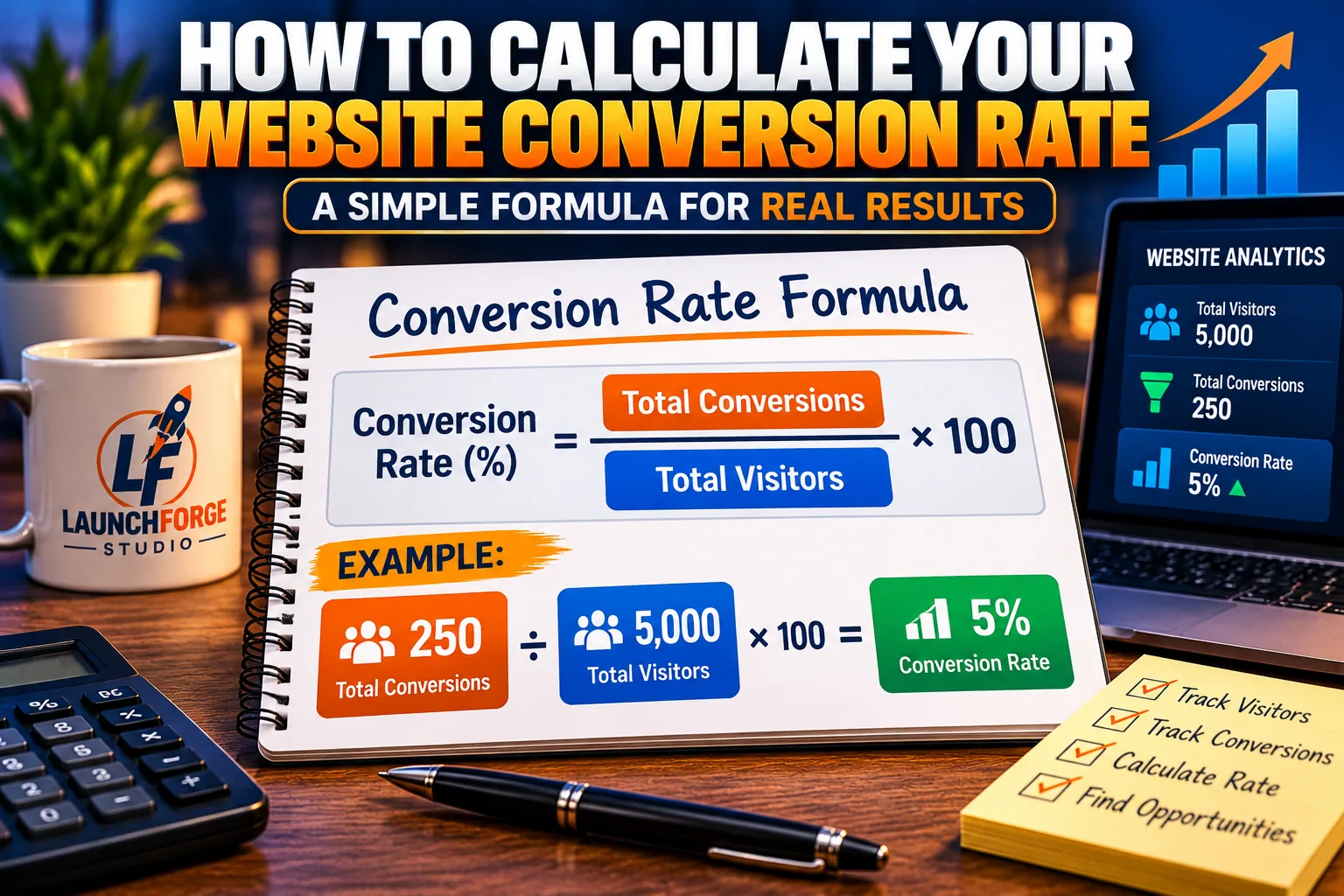 Website conversion rate formula showing 250 conversions divided by 5,000 visitors multiplied by 100 equals a 5 percent conversion rate.