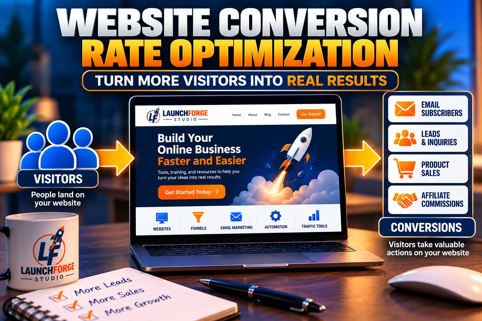 Website conversion rate optimization infographic showing visitors turning into email subscribers, leads, product sales, and affiliate commissions.