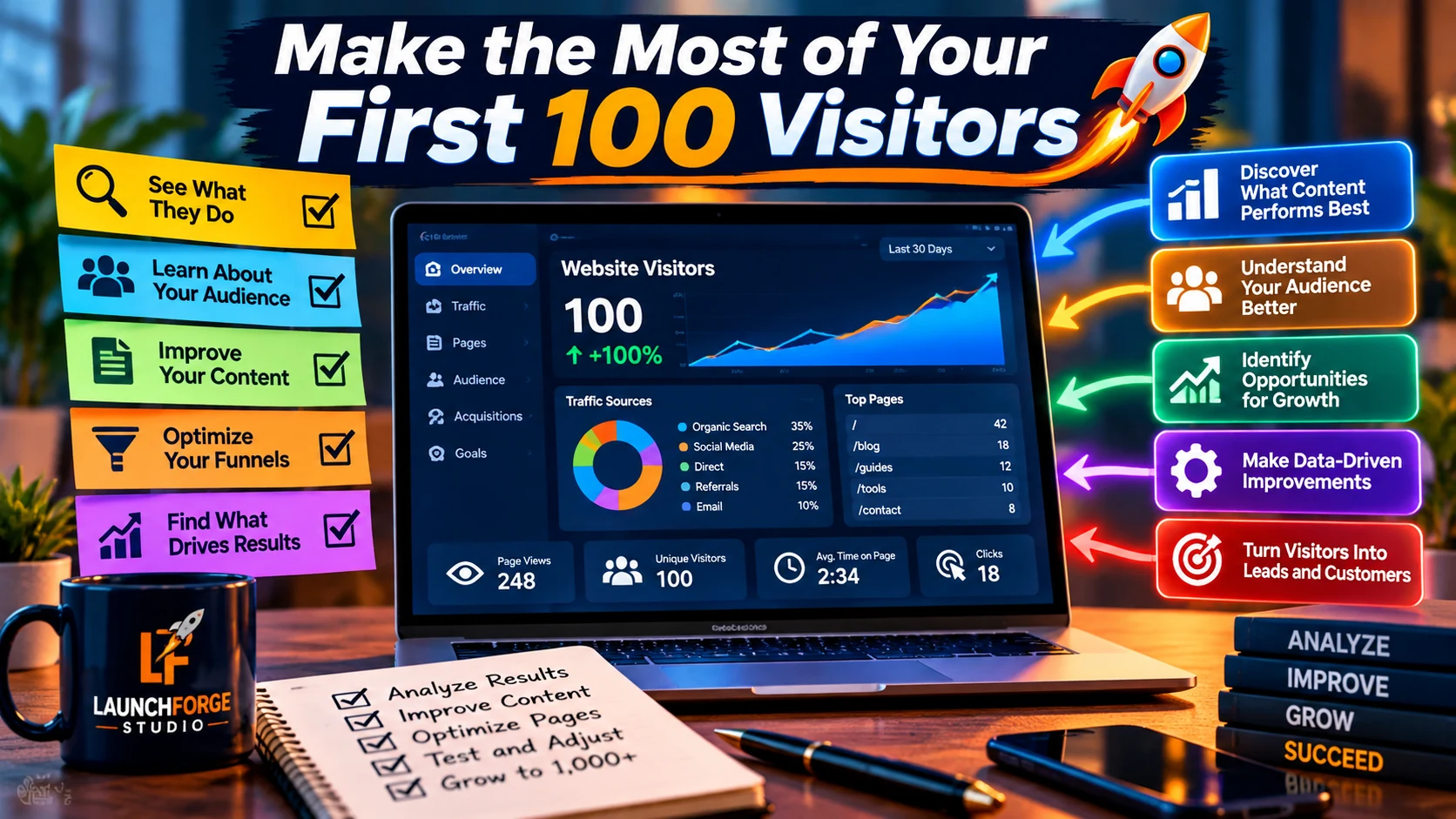 Make the most of your first 100 website visitors by analyzing traffic sources, visitor behavior, content performance, and growth opportunities