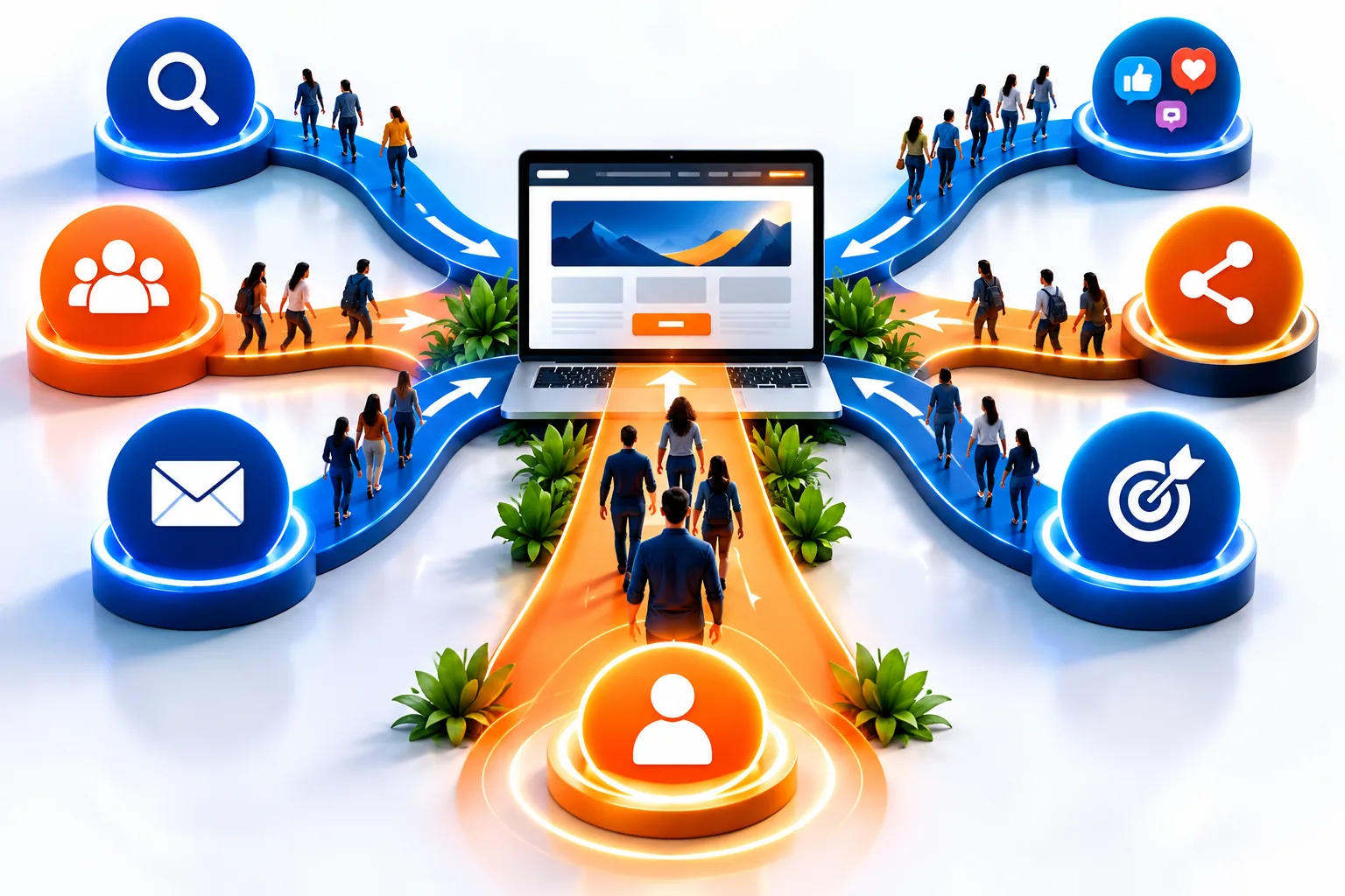 Online business traffic flowing from multiple sources to a website