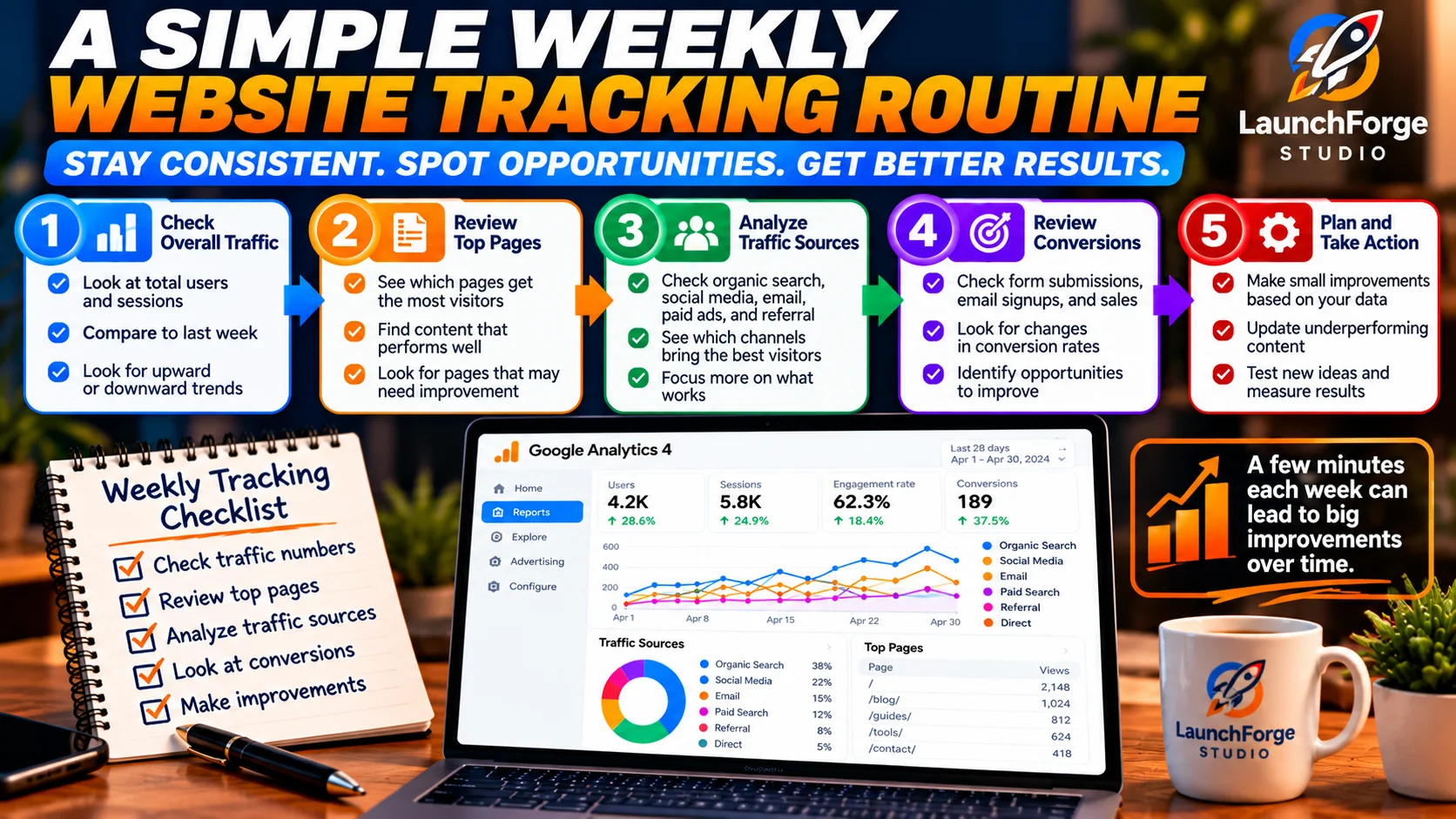 Simple weekly website tracking routine showing five steps for reviewing traffic, top pages, traffic sources, conversions, and website improvements.