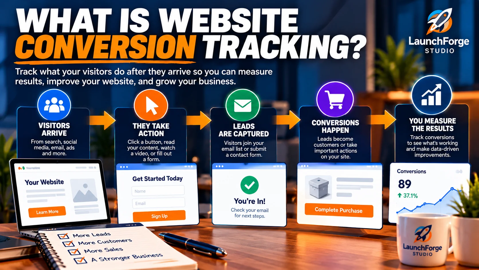 Website conversion tracking illustration showing visitors taking action, becoming leads or customers, and having their conversions measured.