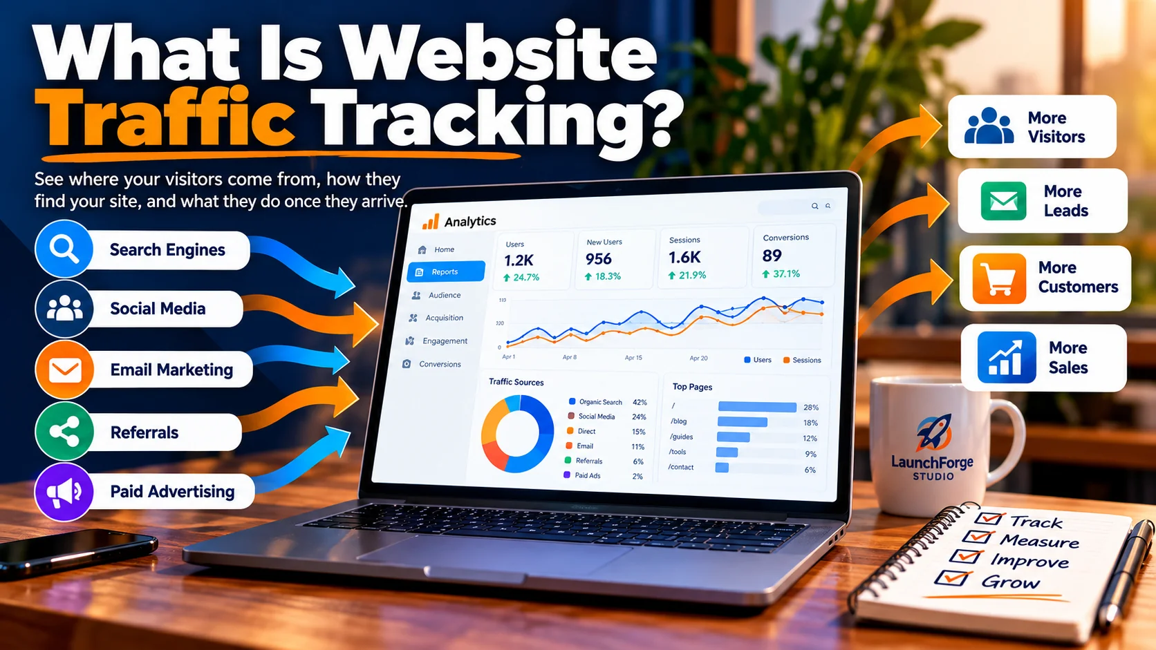 Illustration of website traffic tracking showing visitors arriving from search engines, social media, email, referrals, and paid advertising.