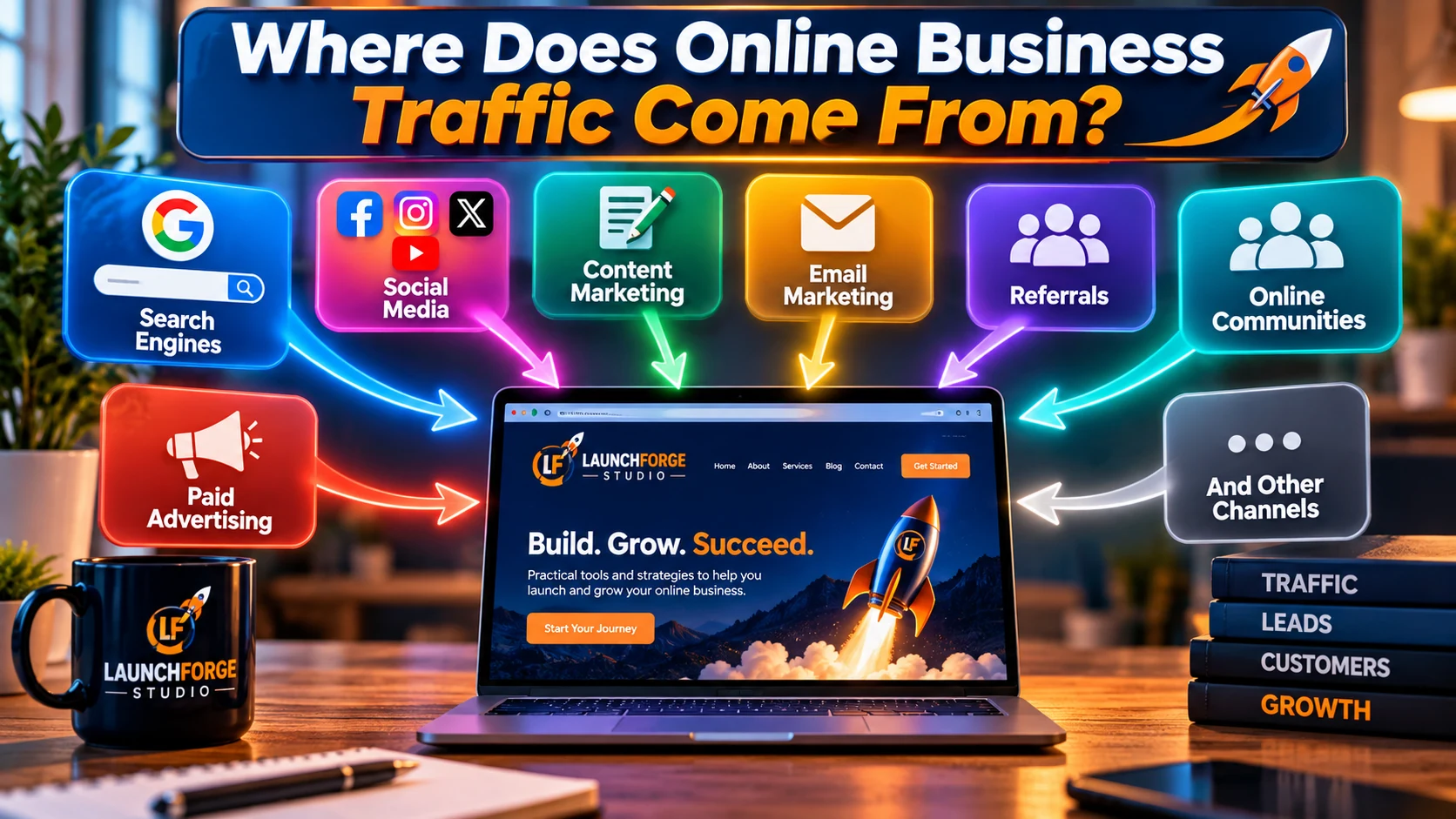 Where online business traffic comes from including search engines, social media, content, email, referrals, online communities, and paid advertising